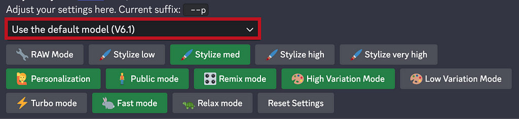 Midjourney settings on Discord