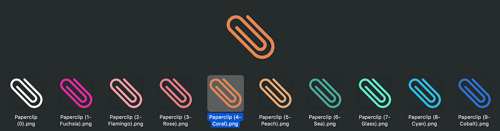 Finder window screenshot showing a set of paperclip icons in different colours along with their file names