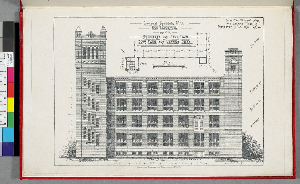 Black-and-white architectural end elevation sketch of cotton mill.