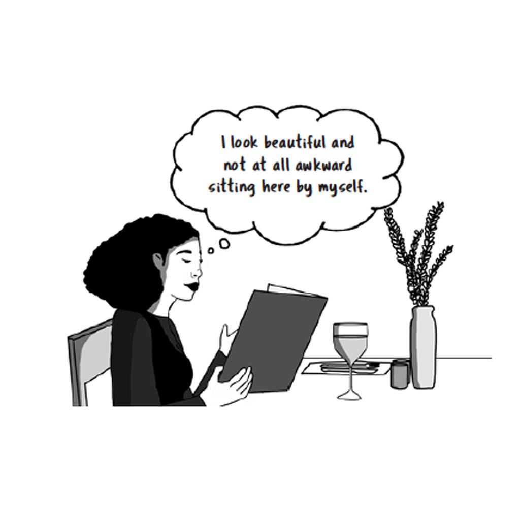 an illustration of a woman reading a menu at a restaurant