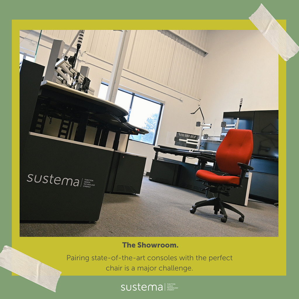A Sustema Control Console next to an ergonomic chair.