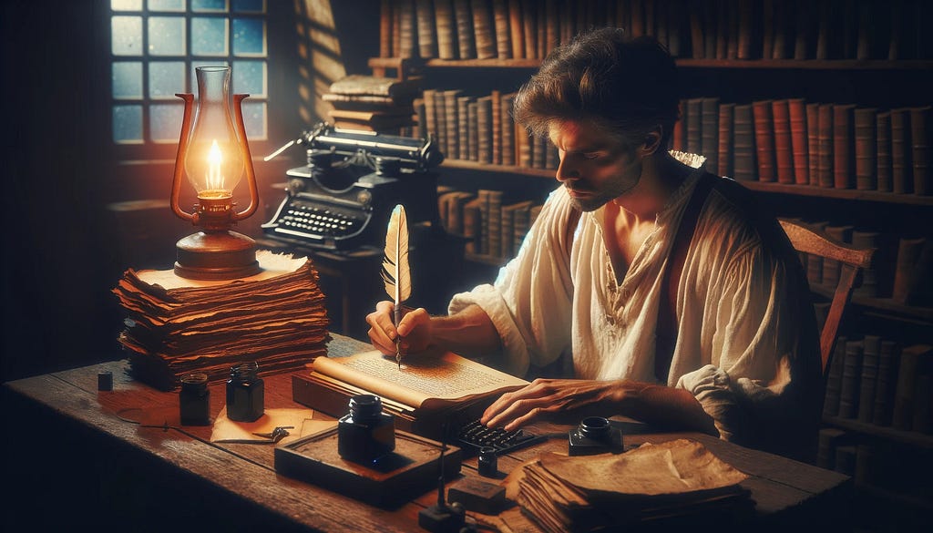 A man writing at a desk using a quill