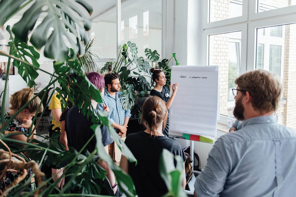 Eine Gruppe von jungen Menschen, die in einem Büro mit vielen Pflanzen um ein Flipchart steht; auf dem Blatt steht ›Chatbots — verstandenenes Projekt‹