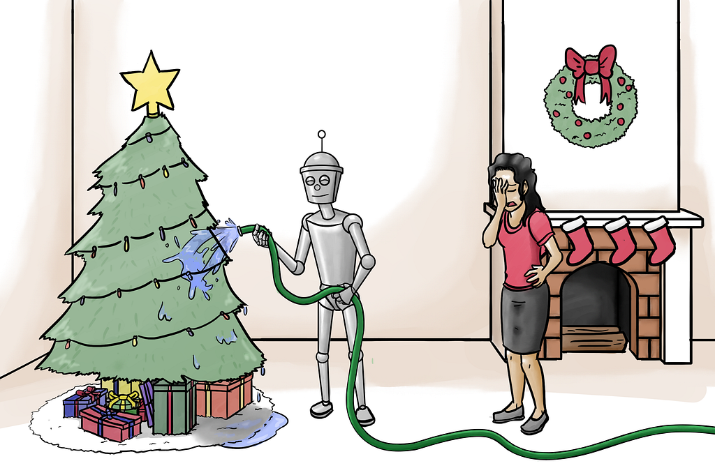 Cartoon of robot watering an indoor Christmas tree with a hose. Owner is upset.