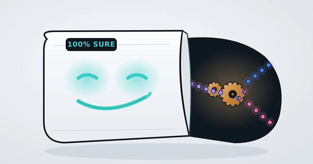 A sleek white AI interface with a calm smiling face and a “100% SURE” badge. A panel on the right is peeled back to reveal the machinery inside: blue tokens (real information) and pink tokens (invented information) feeding through brass gears, blending into a single stream of lilac tokens that flows back out to the confident face.