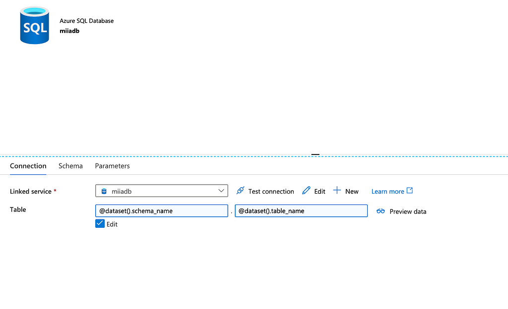 Screenshot of Azure SQL Database dataset properties where schema and table names are set dynamically.