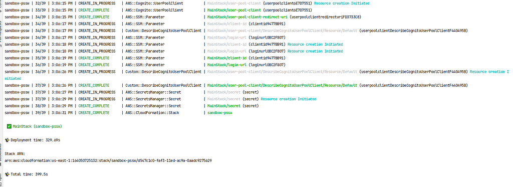 A screenshot represents the CDK deployment status