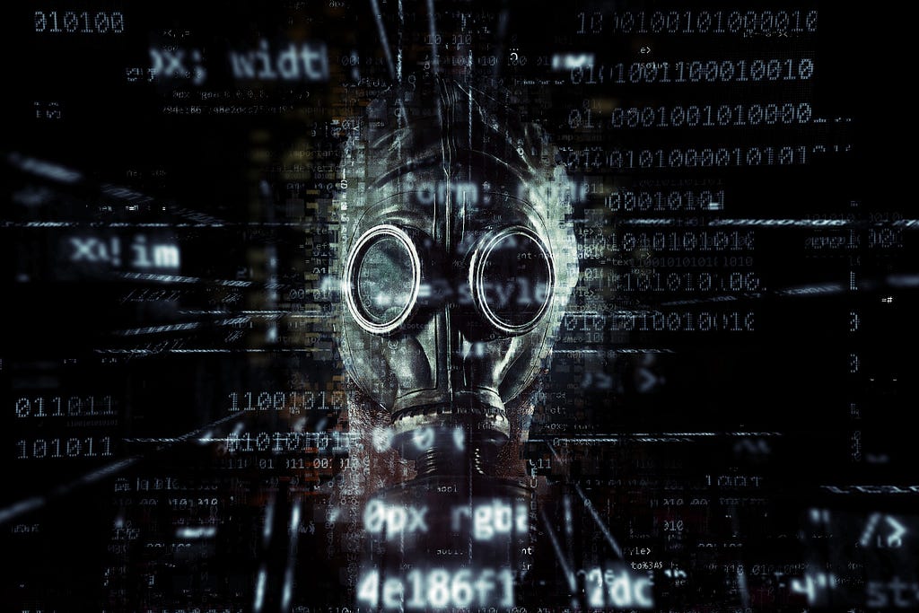 A person wearing a gas mask, with computer code shown around them