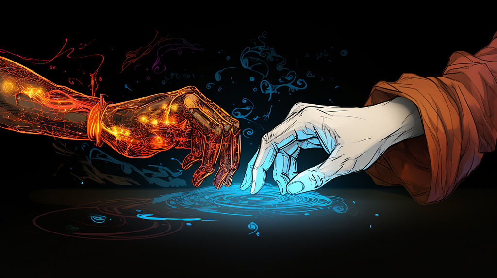 a human hand and a robotic hand coming together, writing on a magical surface that swirls in blue lights.