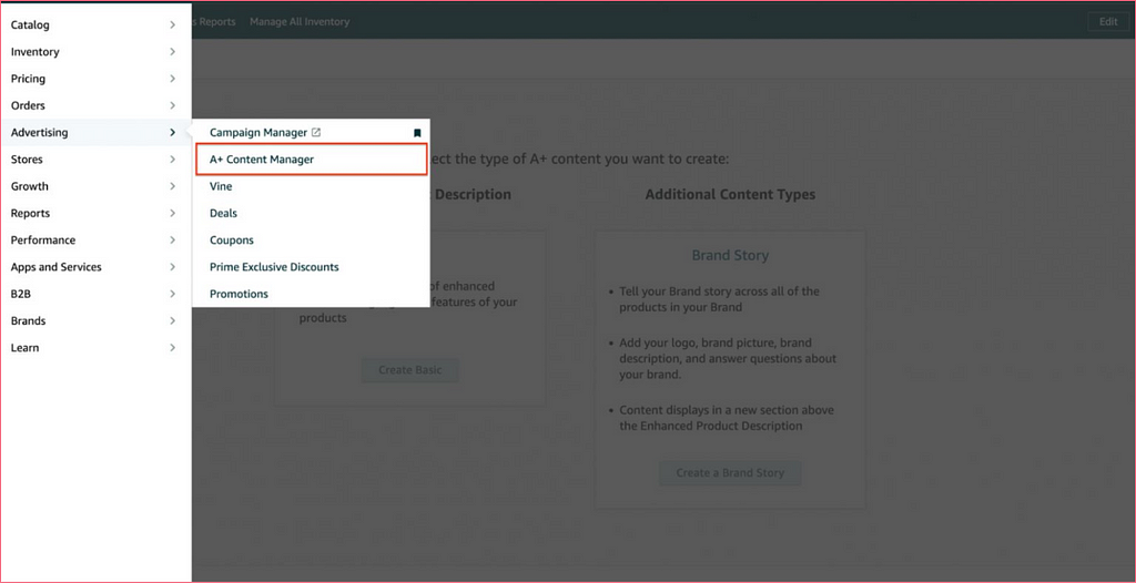 how to access a+ content manager in seller central?