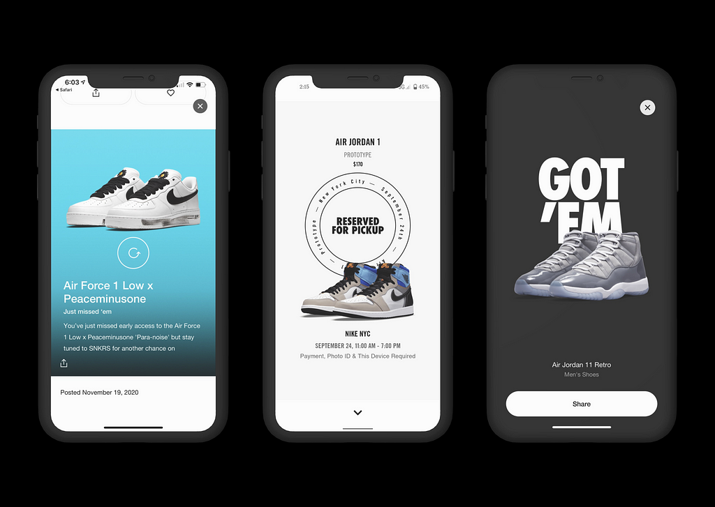 Screens from the Nike SNKRS app