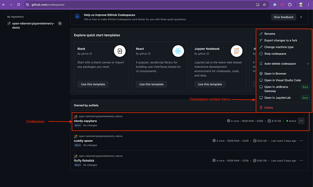 Screen capture of GitHub Codespaces listing, showing context menu with various options for the selected Codespace, including deleting and stopping the Codespace.