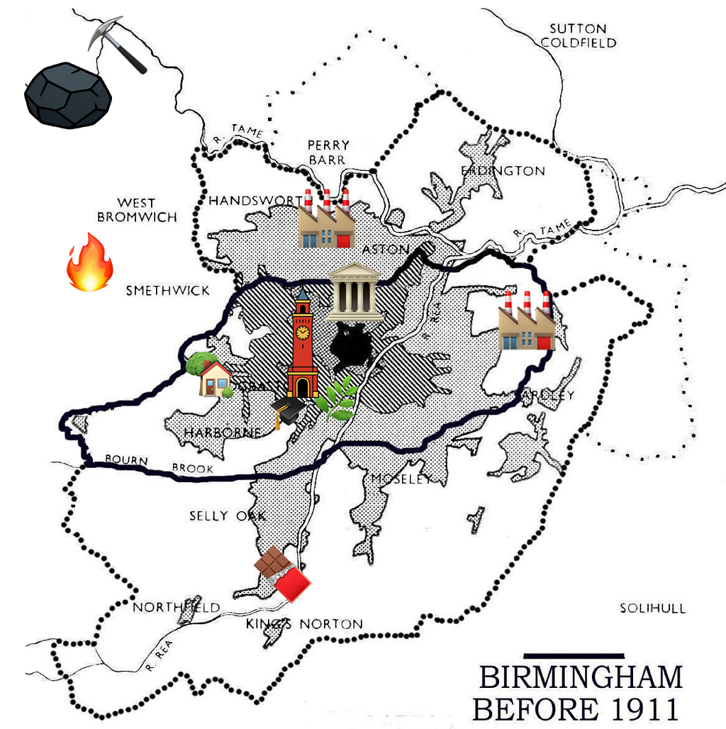 A map of Birmingham, as evolved between 1910–1920 and its proximity to the area of Black country.