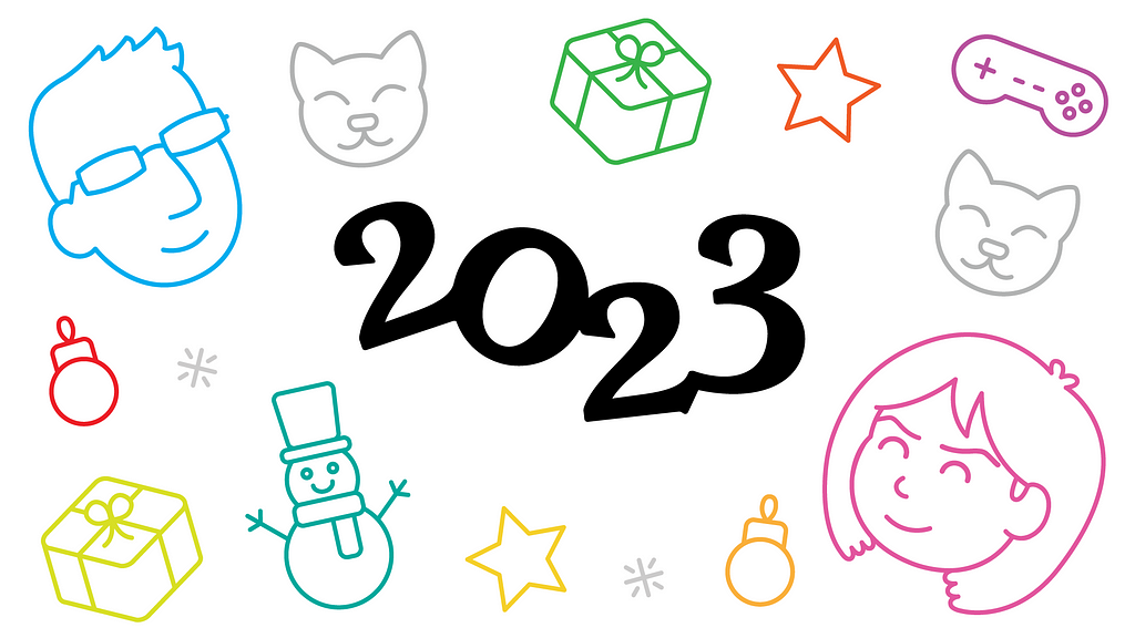 2023 surrounded by colour vector art characters and game-related objects