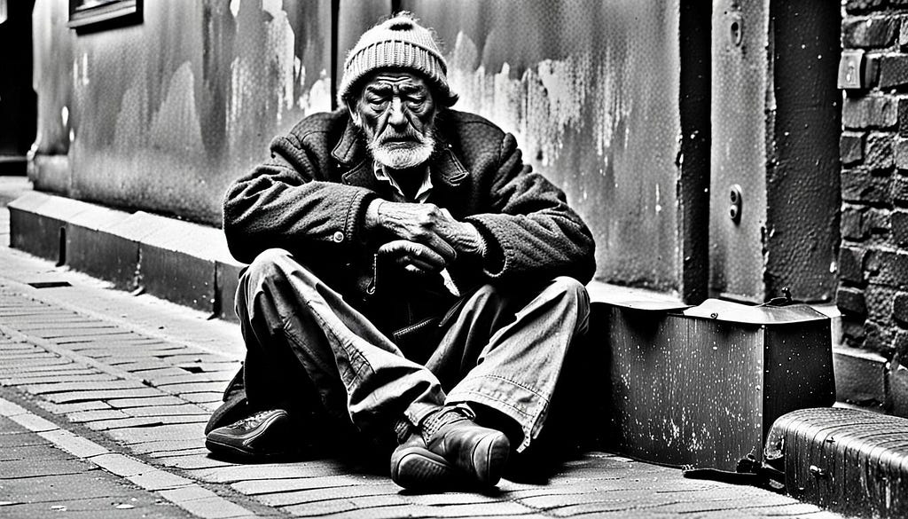 Tramp hobo, sleeping rough in street