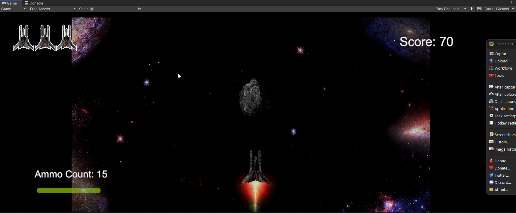 Color gif of Space Shooter video game demonstrating the camera shake effect upon collision of the player ship and the enemy ship.