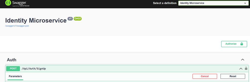 Identity microservice Swagger