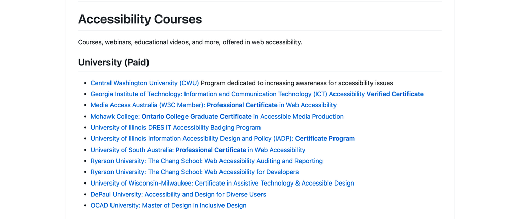 screen shot of the accessibility courses page on github