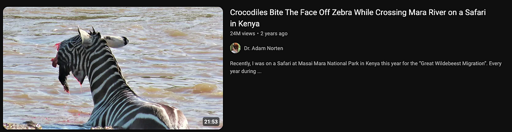 A screenshot of a YouTube video where a Zebra is in the water where he is jaw is completely destroyed.