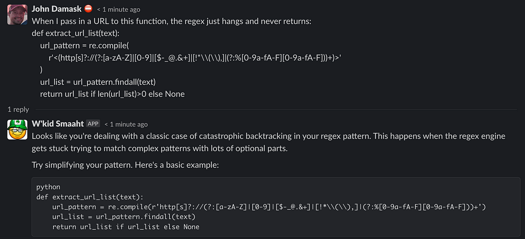 Screenshot of W’kid Smaaht diagnosing the problem with a python re.compile() function call as being caused by “catastrophic backtracking” and proposing a fix.