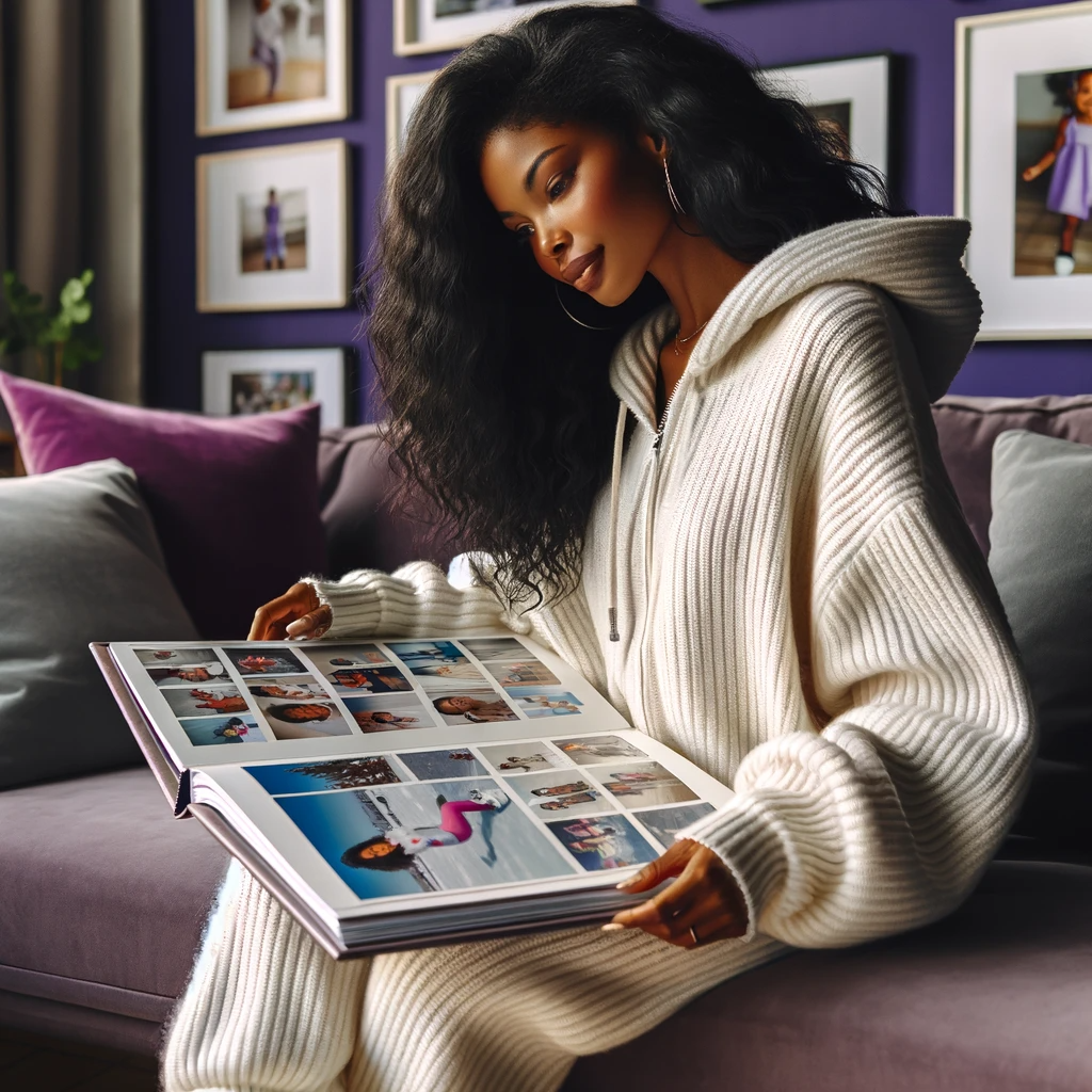 Thoughtful woman in early 40s, clad in a cozy white hoodie, immersed in childhood photos in her elegantly styled office.