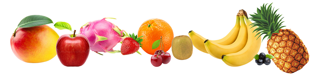 Fruit images used in an exercise about estimation, mango, apple, dragon fruit, strawberry, orange, cherries, kiwi fruit, bananas, blueberries & pineapple