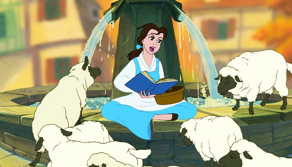 Belle reading at a water fountain, surrounded by many sheep.