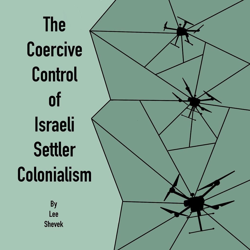 Title graphic that includes the silhouettes of three military drones amongst a simple pattern of geometric shapes next to the title: The Coercive Control of Israeli Settler Colonialism by Lee Shevek