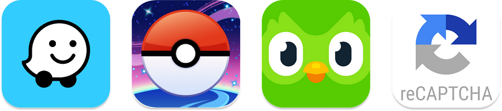 App icons for Waze, Pokemon Go, and Duolingo, and reCAPTCHA logo