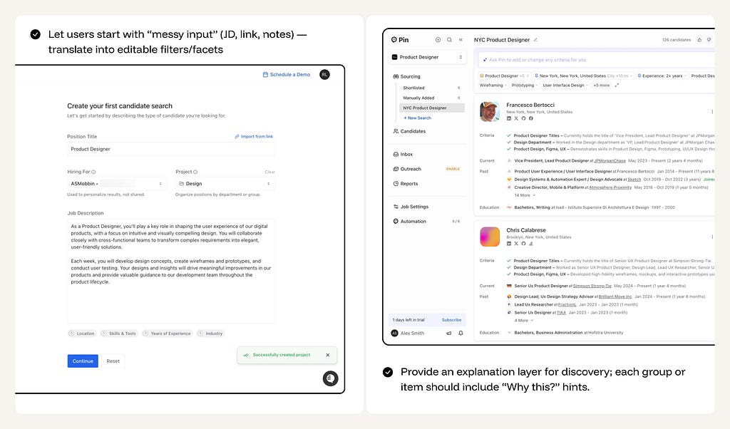 Pin recruitment platform showing AI-assisted candidate search with editable filters and ranked results.