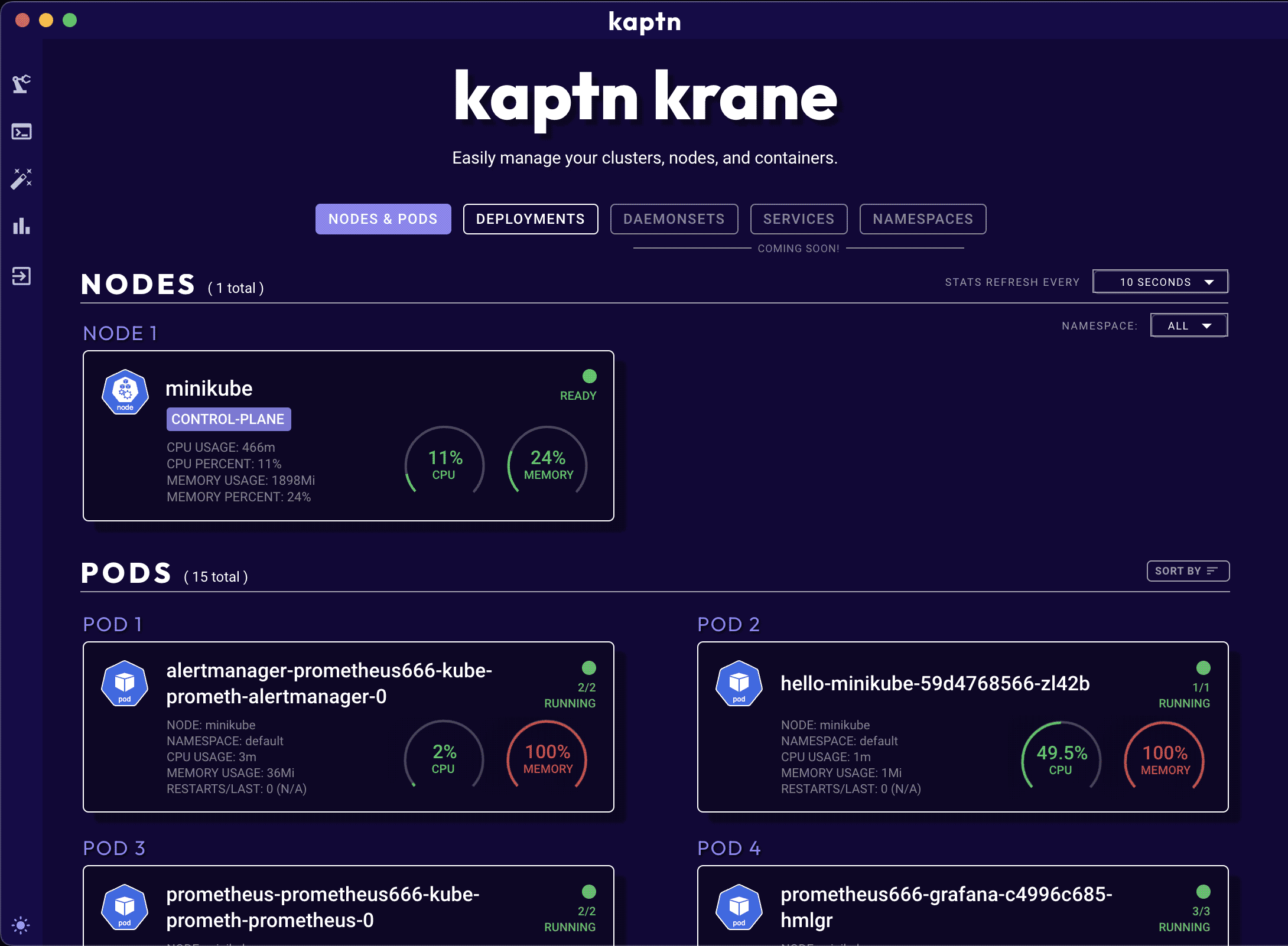 Krane Nodes & Pods Tab, Expanded Node View, and Pod Describe