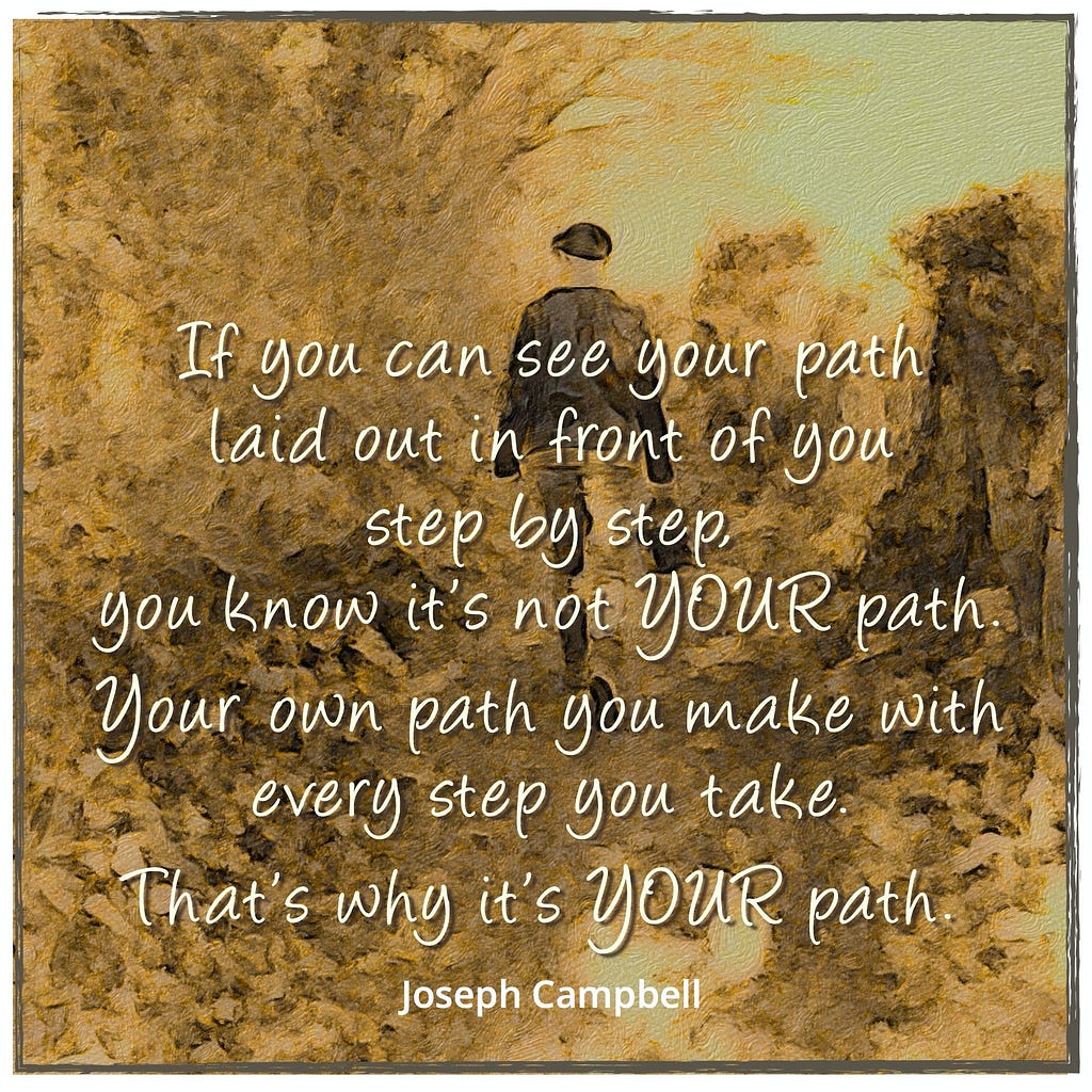 Altered photo of man walking down wooded path with Joseph Campbell quote