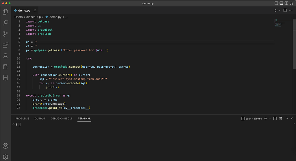 Screen shot of the Visual Studio Code IDE showing a python program that uses the Python Oracle DB driver to query the timestamp from the database.
