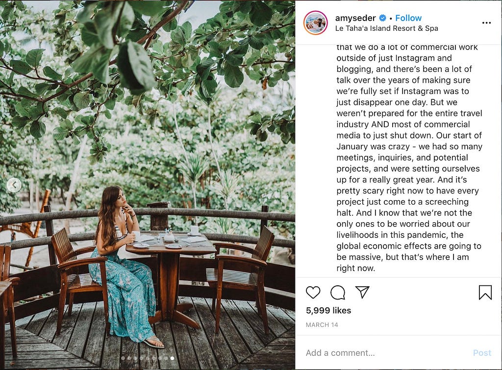 Influencer Amy Seder shared her worries about the entire travel industry on Instagram.