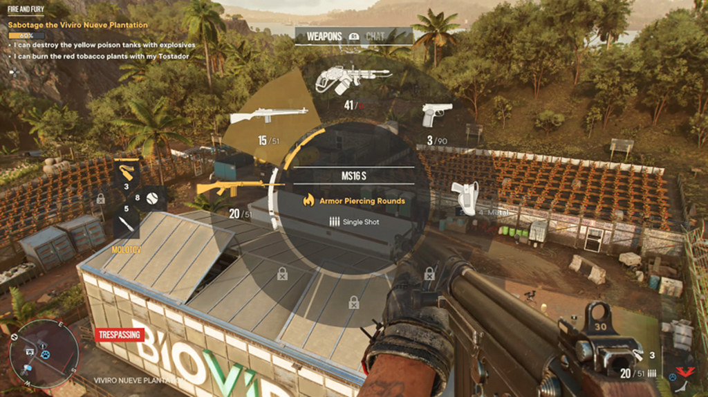 Weapon selection wheel from Far Cry 6 showing MS16 S rifle with armor-piercing rounds highlighted.