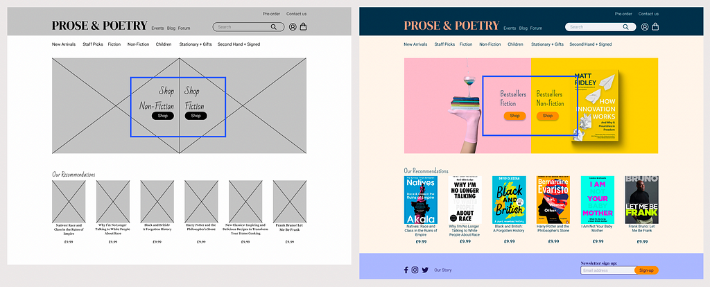 Before and after image of wireframe iterations — greyscale to colour, highlighting the bestsellers sections on the homepage.