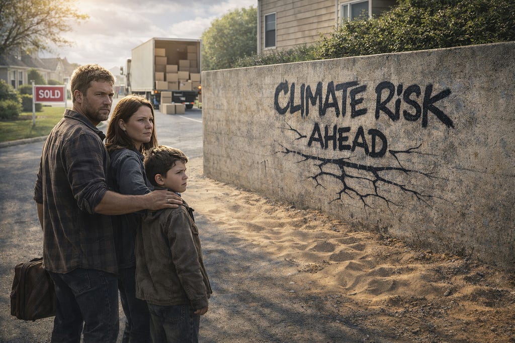 A family of three looks away from a wall, built on sand, with “Climate Risk Ahead” spray painted on it. A loaded moving truck next to a “SOLD” sign prominently appear in the background.