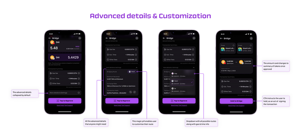 UI screens of Advanced details and customizing bridging route in the bridging flow