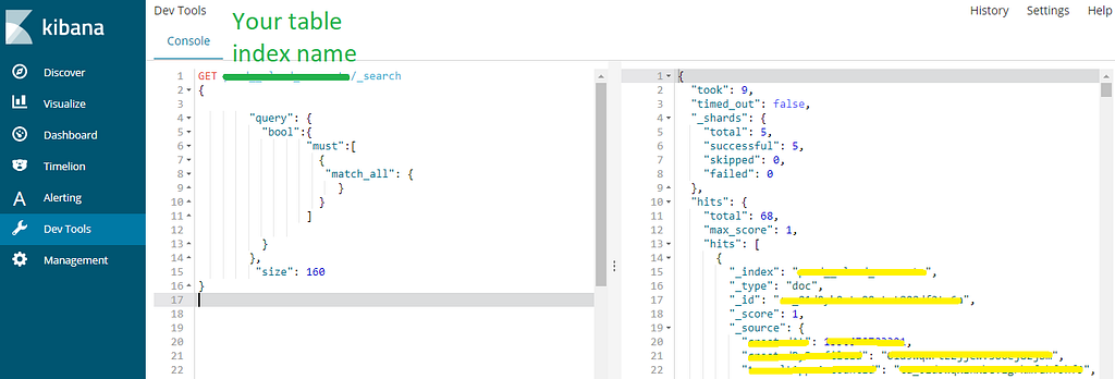 Kibana console with the example search query