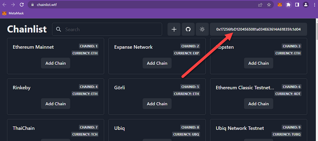 Connected to chainlist with MetaMask