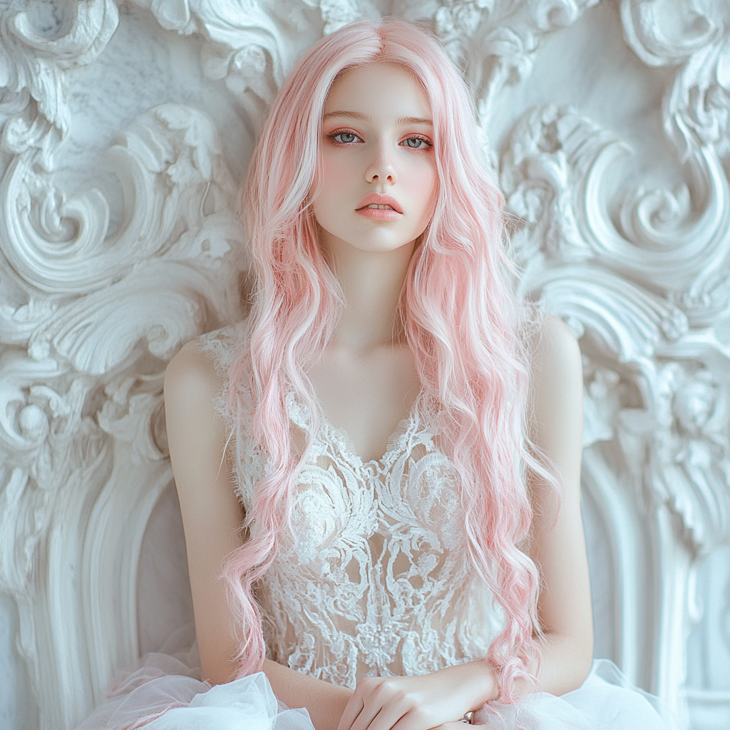 a beautiful fashion model with with pale skin and pastel hair color, long pink hair, wearing a royal white dress, convey an artisitc and elegance vibe