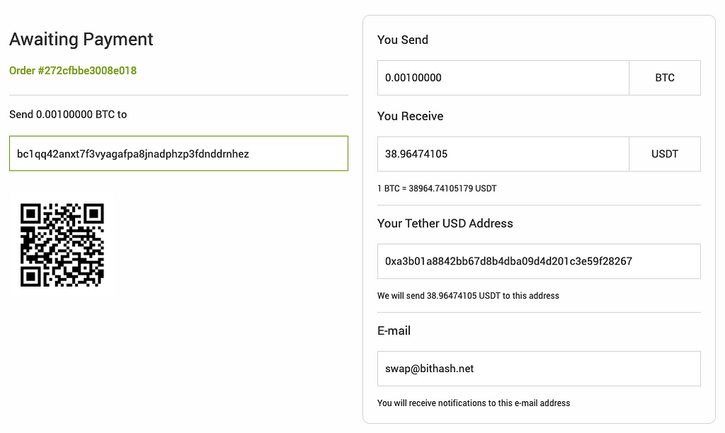 BitHash Swap Bitcoin to Tether