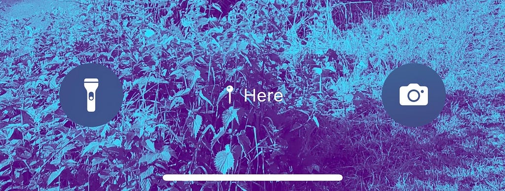 The bottom fifth of an iPhone home screen with the flashlight on one side, camera icon on the other, and in the middle the focus mode named “Here” is selected and shown.