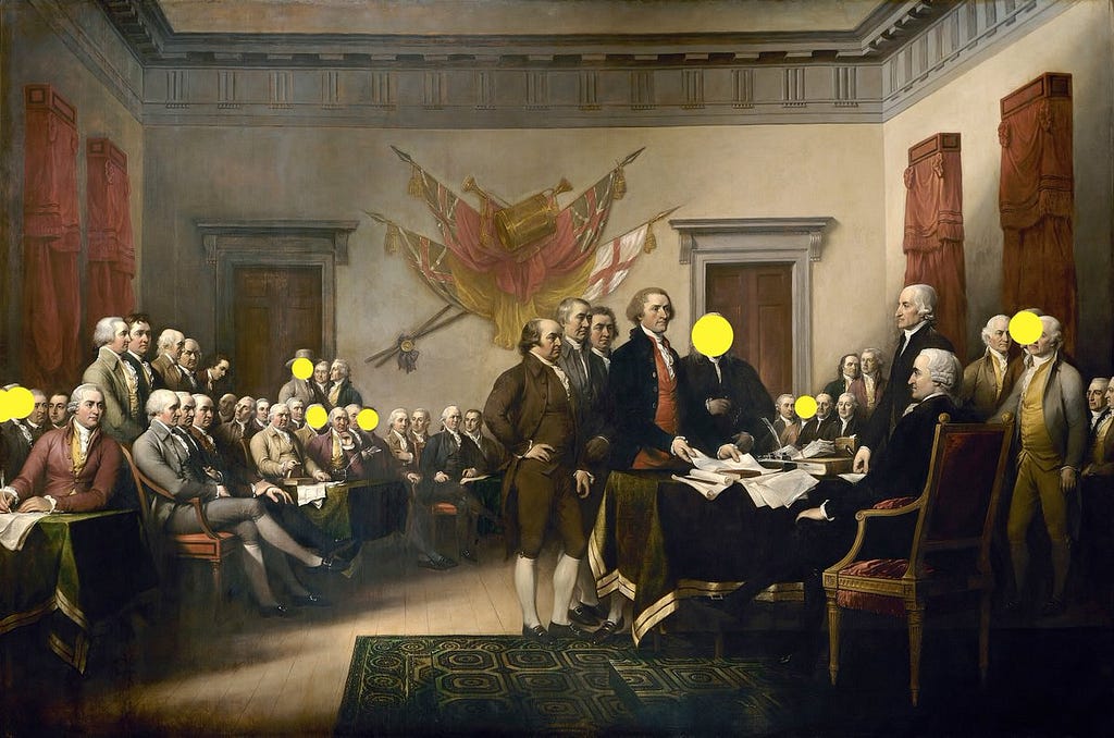 The same painting of the Continental Congress, but with yellow dots covering only a few faces.