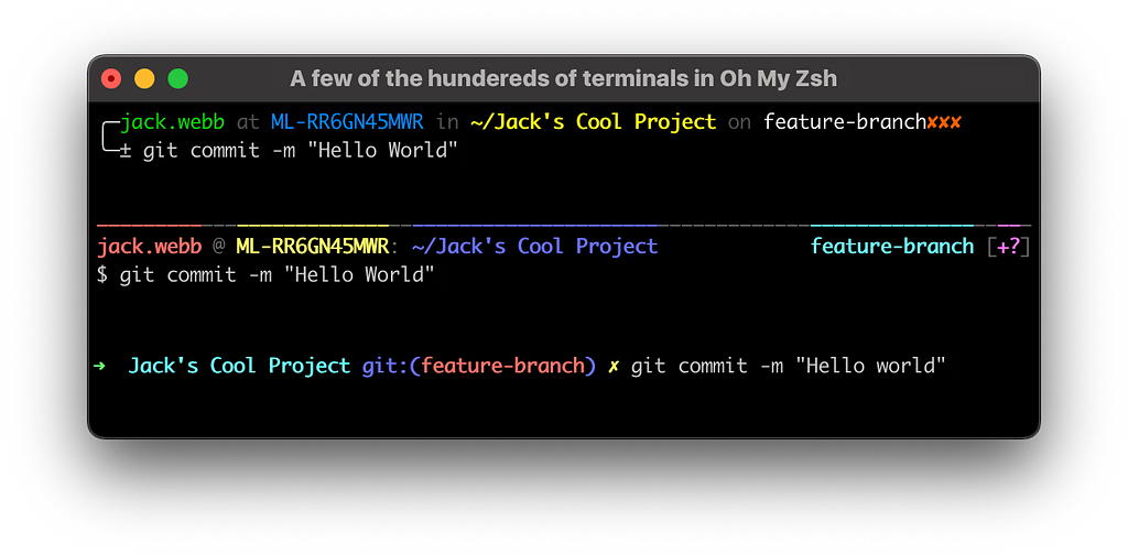 A terminal window displaying three command line prompts. Each one is a different theme option available using Oh My ZSH.