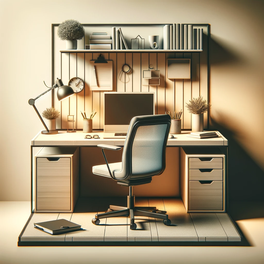 An image depicting a well-organized, minimalist workspace with a clutter-free desk, ergonomic chair, and good lighting, symbolizing workspace optimization for enhanced focus and productivity.