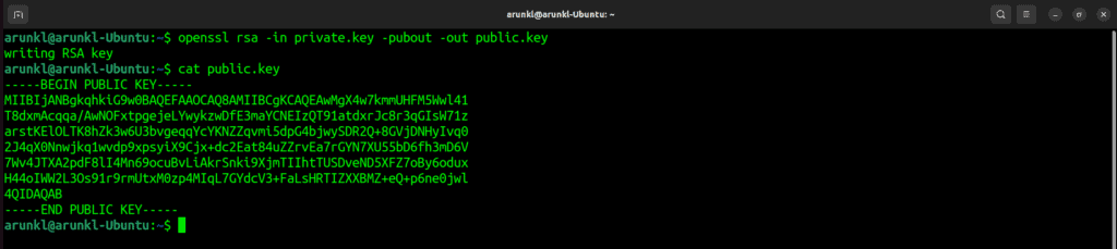 Terminal screenshot with the command to extract the public key from ‘private.key’ key pair and saves it