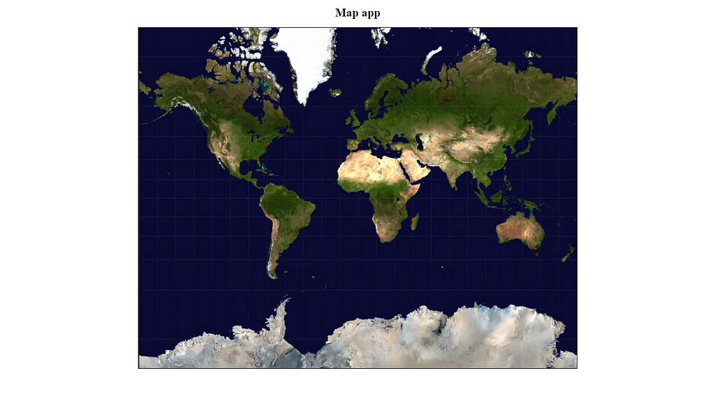 Mercator projection map with New York and Melbourne marked