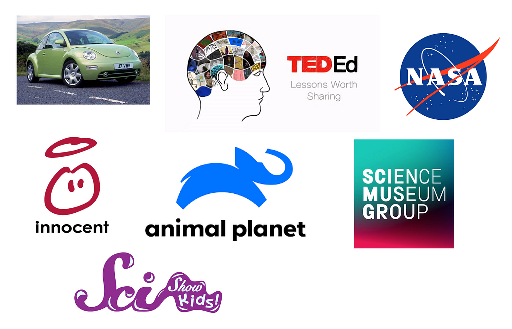 brand affinity board containing different brands like nasa, animal planet, scishow that represent similar brand values