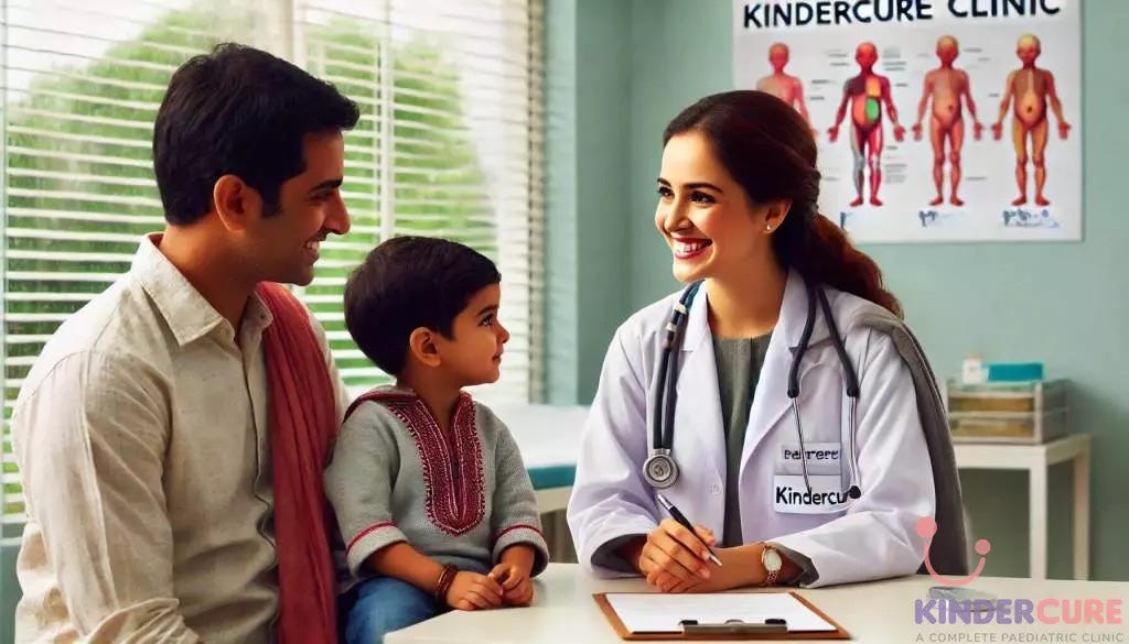 Dr. Garima Mengi, best paediatrician in Gurgaon, discussing monsoon-related illness prevention with a family at KinderCure.